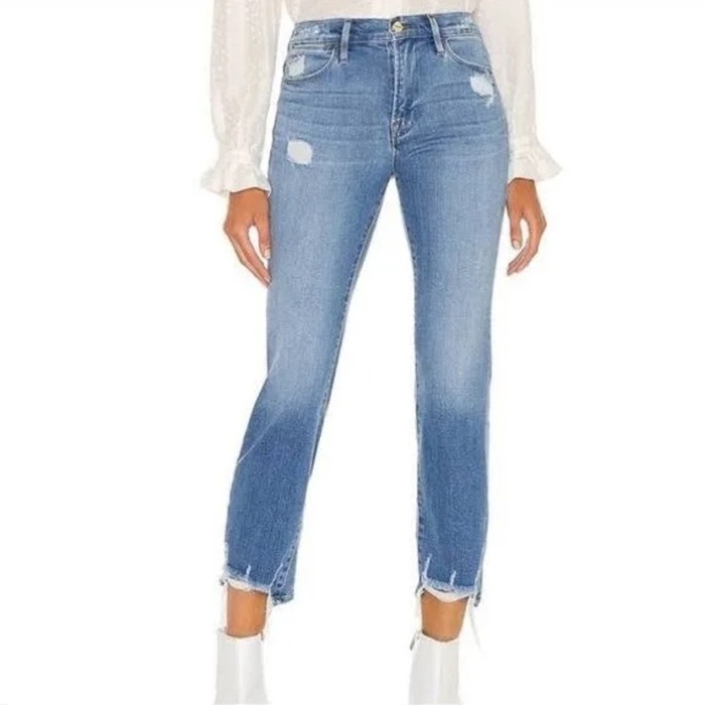 Frame Le High Straight Laskey Rips Distressed Denim Jeans Light Wash Size 23 - Picture 2 of 10